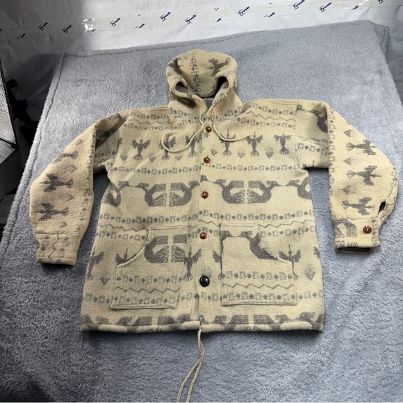 Vintage Aztec Heavy Wool Button Up Jacket Hood XL, Missing Size Tag **READ DESC* - Picture 1 of 13
